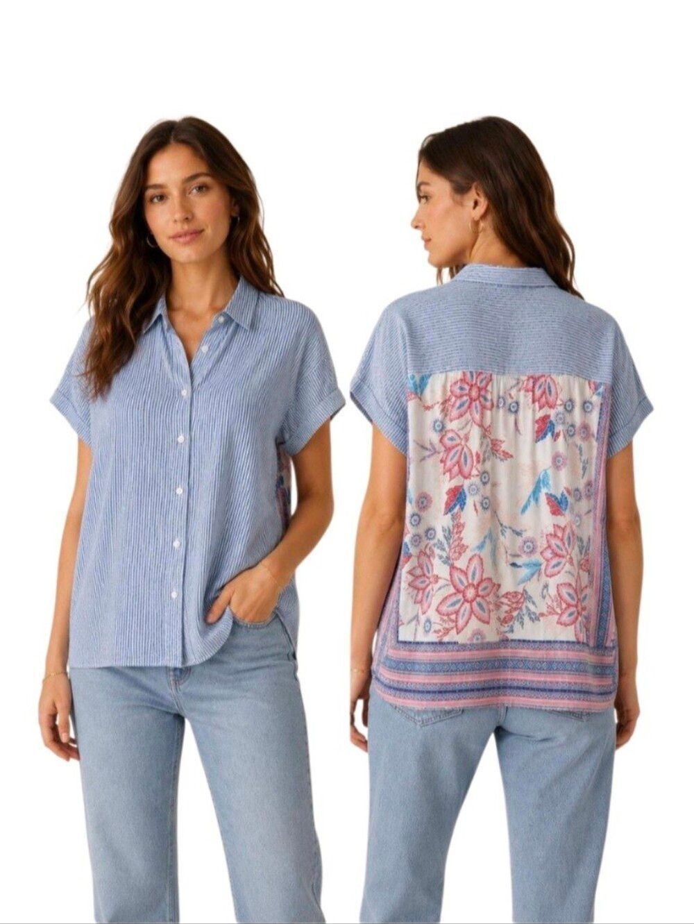 J. Jill Linen Blend Micro Striped Mixed Media Button Down Shirt Size Medium